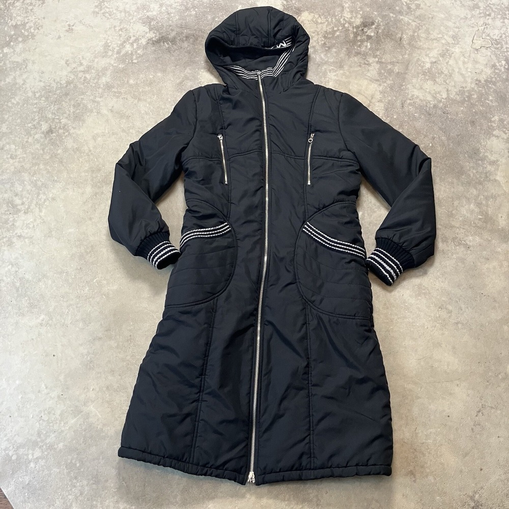 Max & Co Womens Medium Black Hooded Puffer Coat Zip Long Jacket Italy